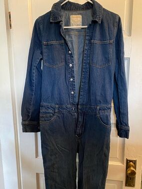 Pull&Bear stretch denim 70s style jumpsuit in dark blue
